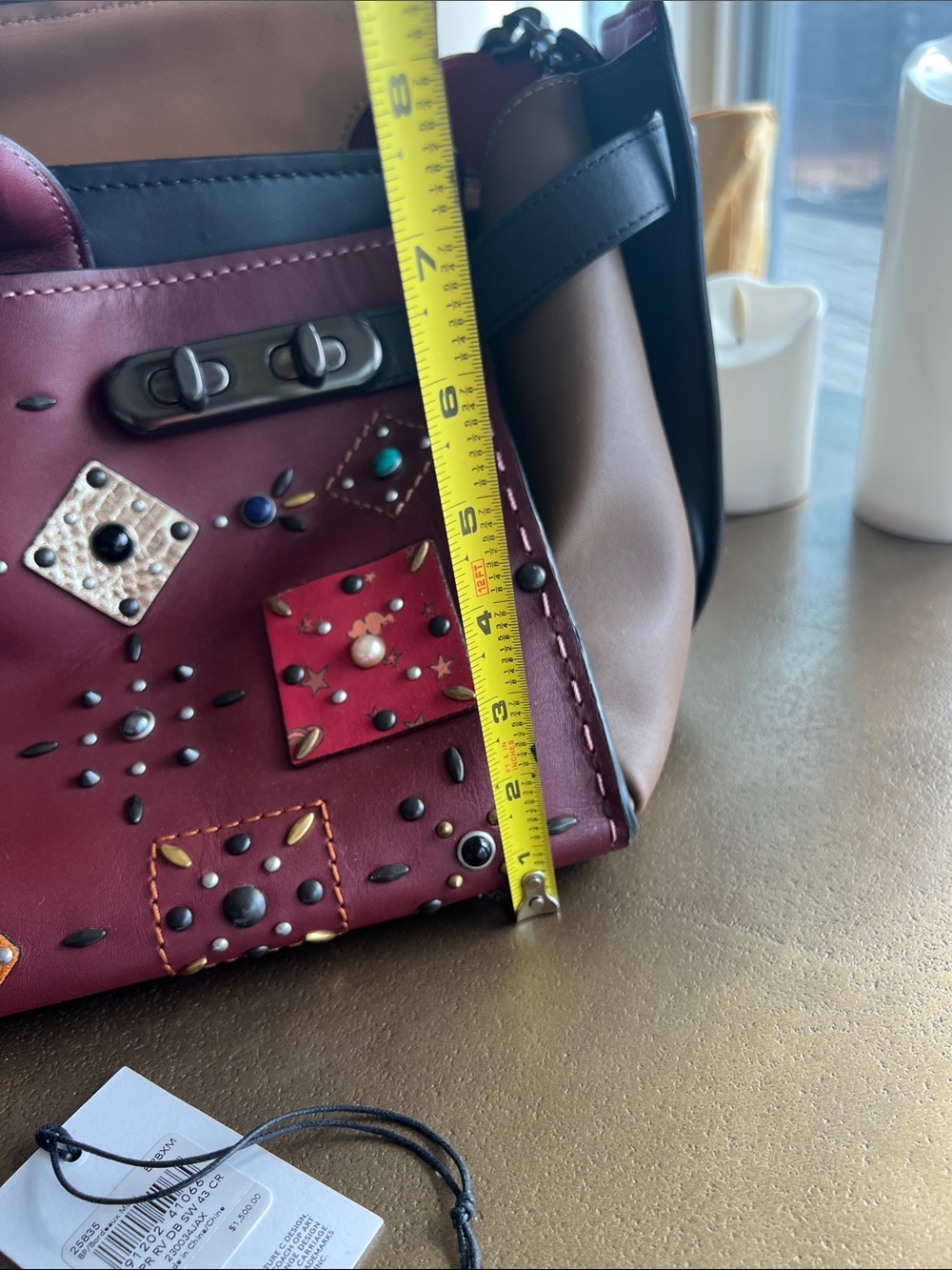 COACH Burgundy Leather Studded Satchel with Multicolor Accent Studs - Picture 10 of 11